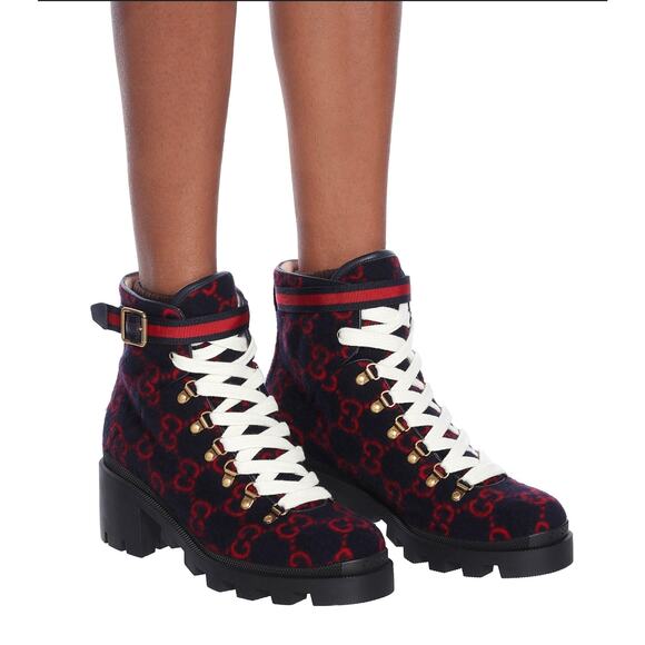 Gucci GG Monogram Navy Red Wool Lace-Up Web Combat Platform Boots 37.5 - Picture 4 of 14